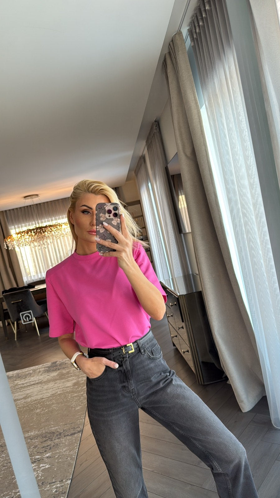 Marškinėliai ryškiai rožinė su petukais "Inspired by SG"